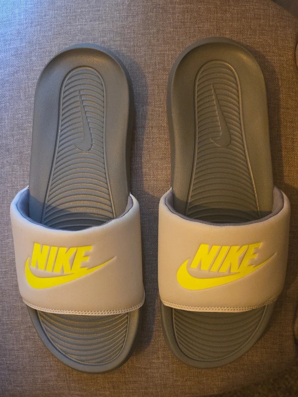 Nike Gray Slides with Yellow Logo